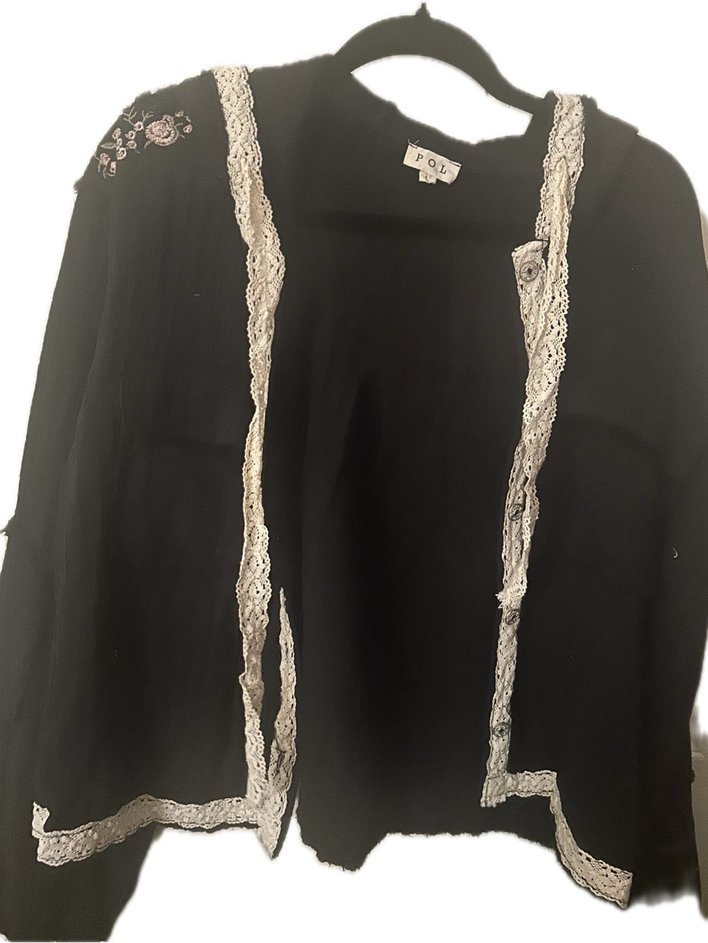 POL Black Open-Front Cardigan with Cream Lace Trim - Picture 1 of 3